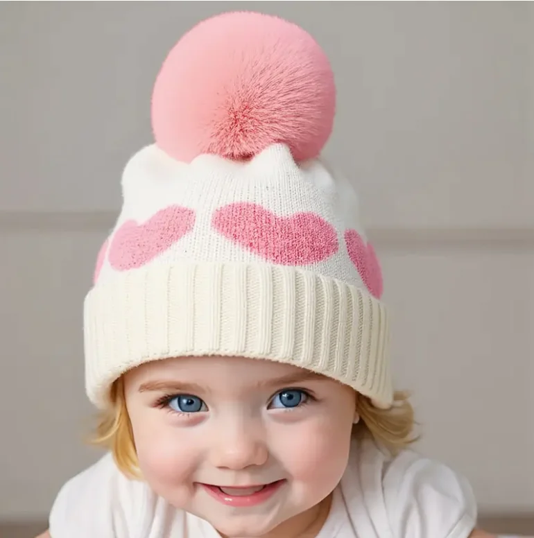 Polyester Pom-Pom Knit Baby Beanie – Unisex 1-3 Years, Cozy Winter Hat - Image 2