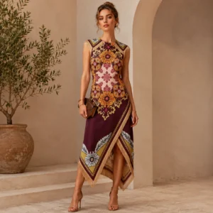 Women's Boho Scarf Print Wrap Midi Dress