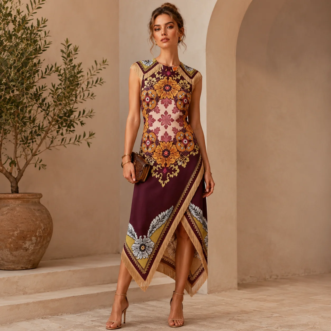 Women's Boho Scarf Print Wrap Midi Dress