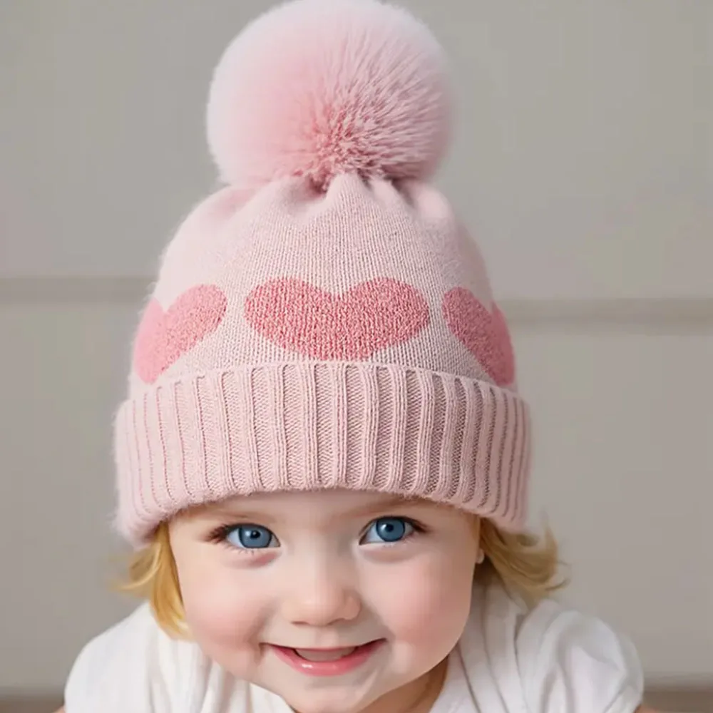 Polyester Pom-Pom Knit Baby Beanie – Unisex 1-3 Years, Cozy Winter Hat