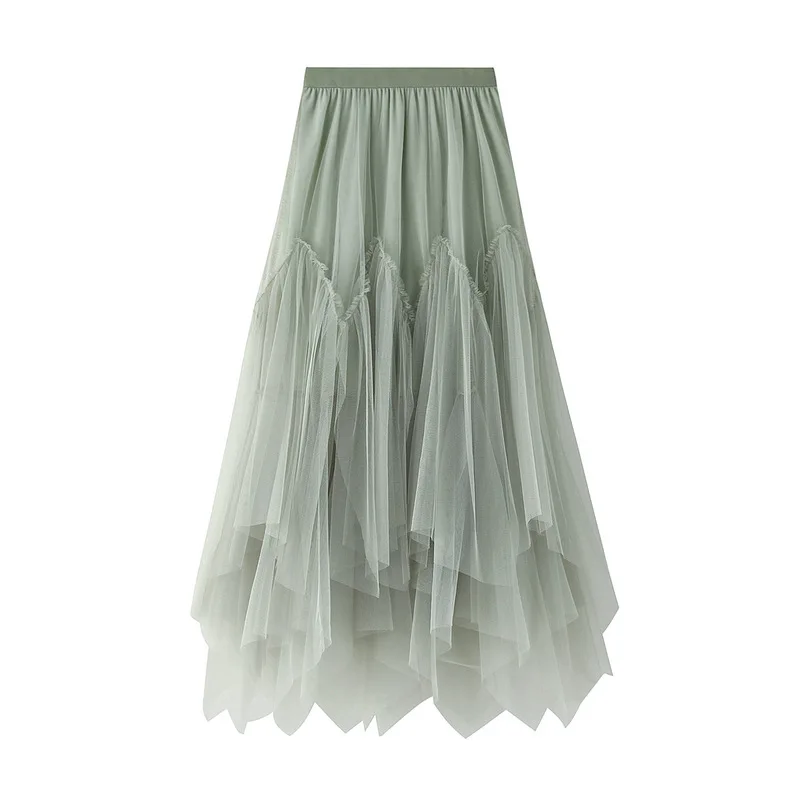 OHRYIYIE Women irregular Long Tulle Skirts Ladies High Waist Ankle-Length Tutu Maxi Skirts Beige Green Female Faldas Jupe Femme - Image 10