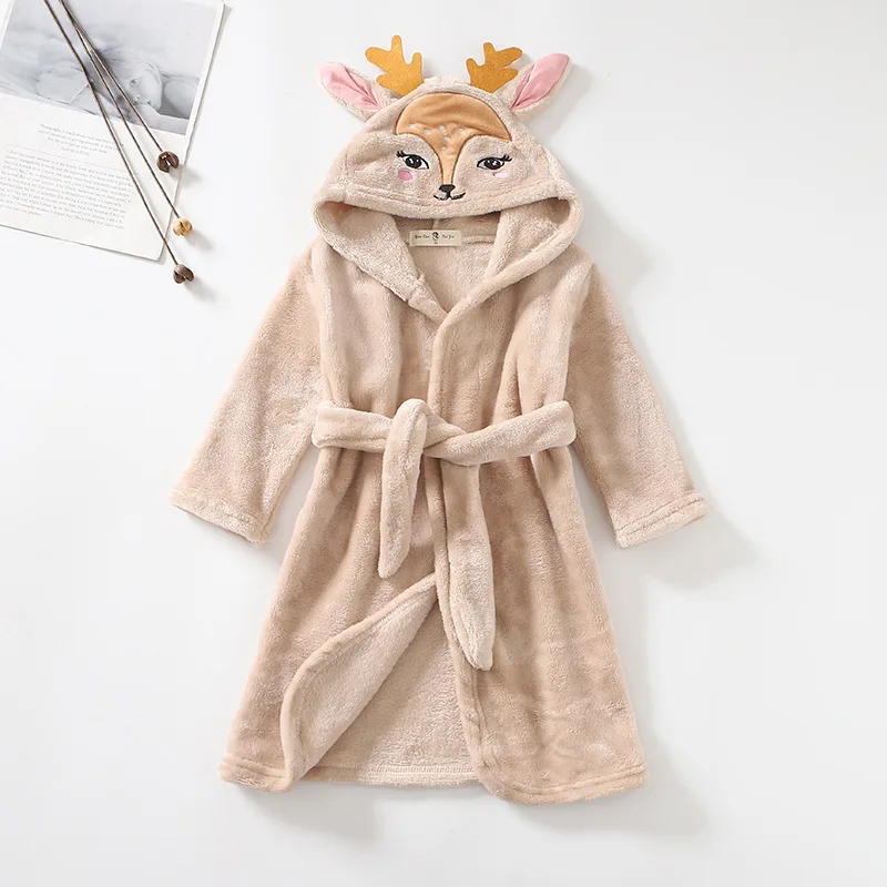 Kids Long-Sleeve Cartoon Flannel Hooded Bathrobe - Image 37