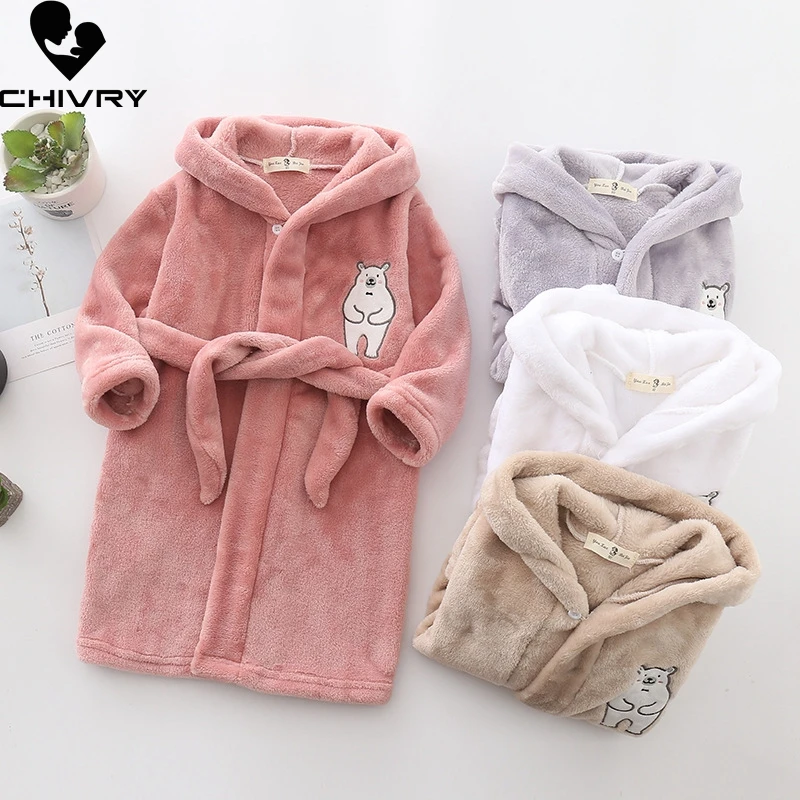 Kids Long-Sleeve Cartoon Flannel Hooded Bathrobe