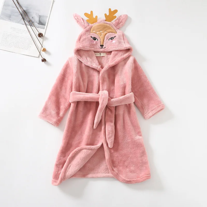 Kids Long-Sleeve Cartoon Flannel Hooded Bathrobe - Image 36