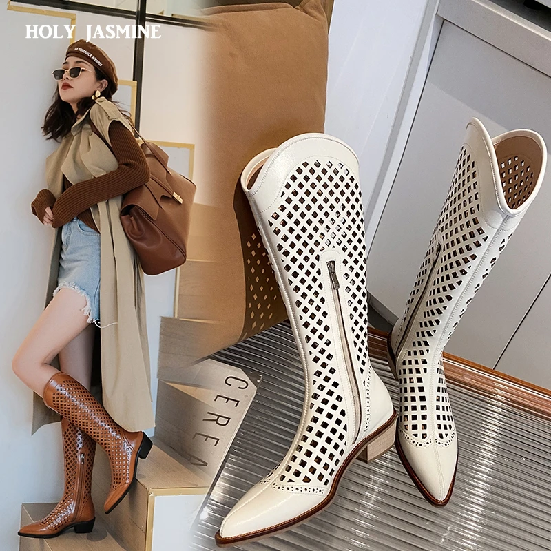 Women's Knee-High Genuine Cow Leather Boots with Square Heel & Zip