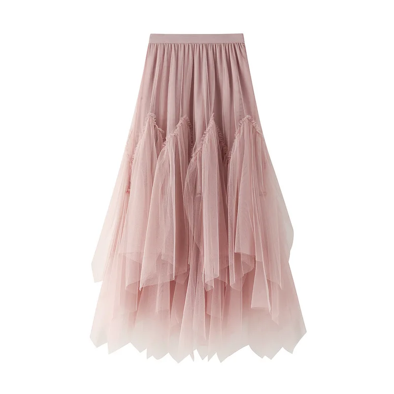 OHRYIYIE Women irregular Long Tulle Skirts Ladies High Waist Ankle-Length Tutu Maxi Skirts Beige Green Female Faldas Jupe Femme - Image 3