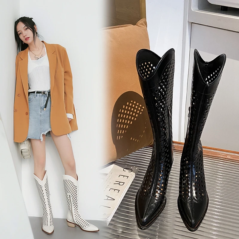 Women's Knee-High Genuine Cow Leather Boots with Square Heel & Zip - Image 2