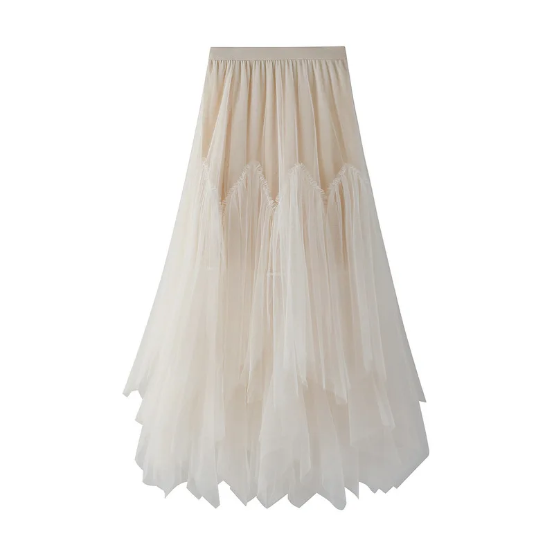 OHRYIYIE Women irregular Long Tulle Skirts Ladies High Waist Ankle-Length Tutu Maxi Skirts Beige Green Female Faldas Jupe Femme - Image 2