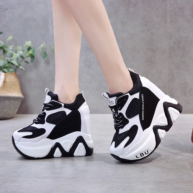 Women's Breathable PU Platform Sneakers – 12 cm Heel, Lace‑Up Patchwork - Image 4
