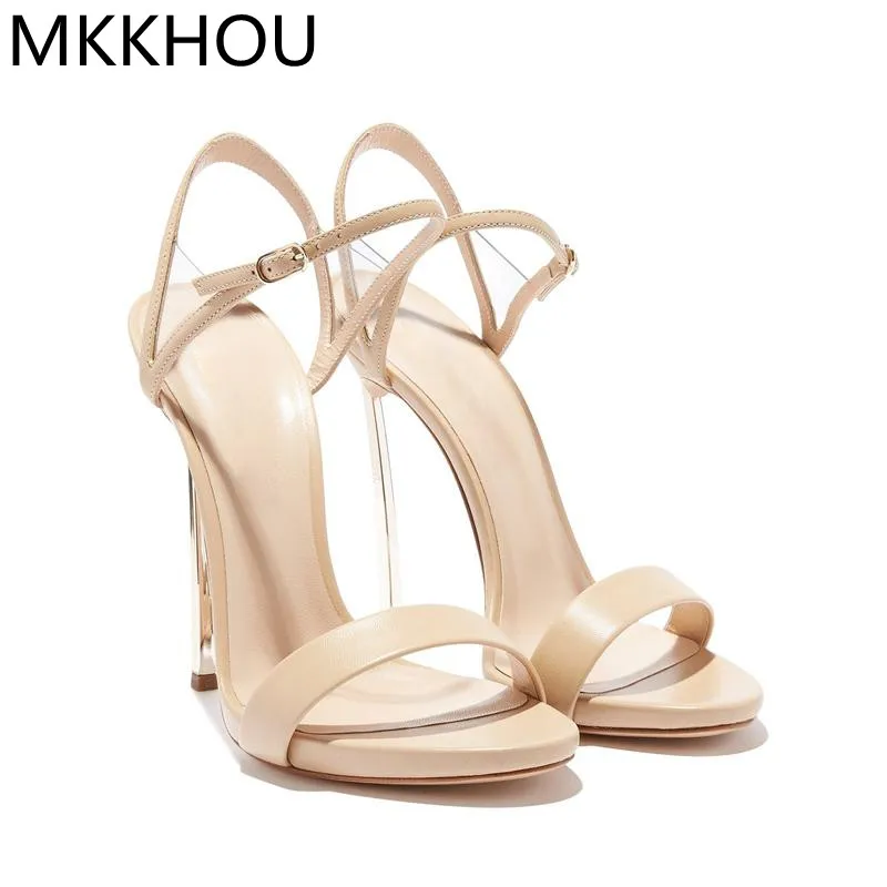 MKKHOU Women's Thin Belt Buckle Sandals, 12 cm Heel, PU Upper