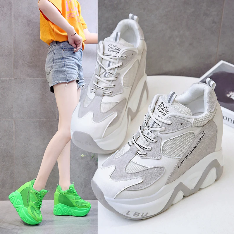 Women's Breathable PU Platform Sneakers – 12 cm Heel, Lace‑Up Patchwork - Image 5