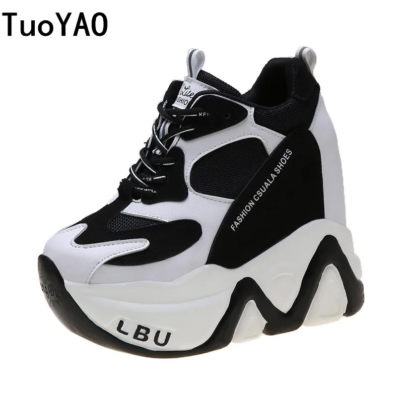 Women's Breathable PU Platform Sneakers – 12 cm Heel, Lace‑Up Patchwork