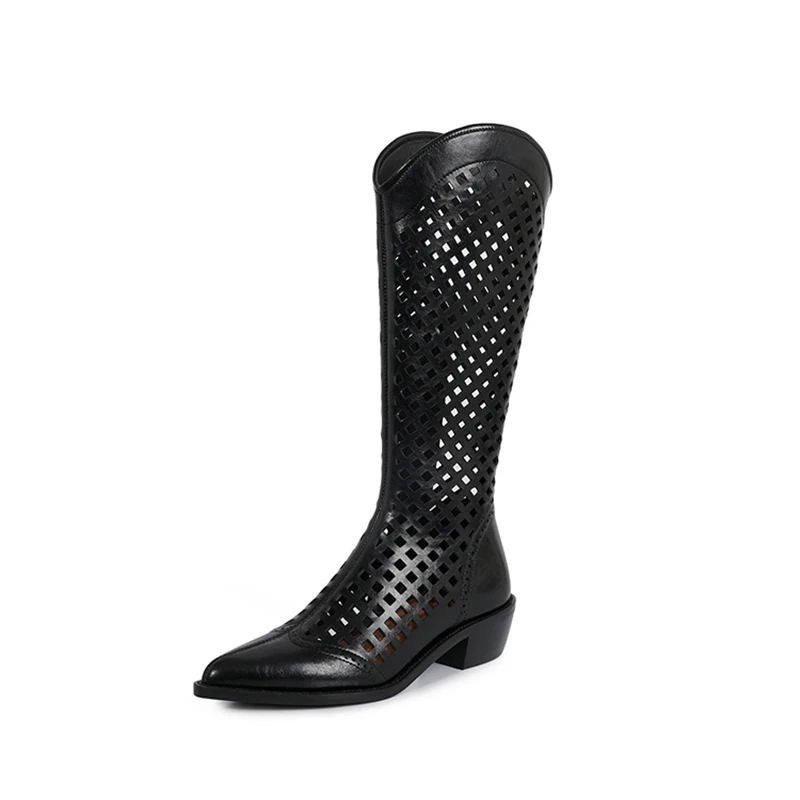 Women's Knee-High Genuine Cow Leather Boots with Square Heel & Zip - Image 7
