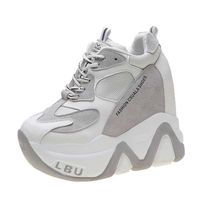 Women's Breathable PU Platform Sneakers – 12 cm Heel, Lace‑Up Patchwork - Image 2