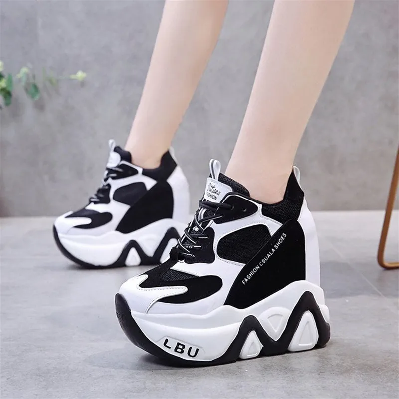 Women's Breathable PU Platform Sneakers – 12 cm Heel, Lace‑Up Patchwork - Image 3
