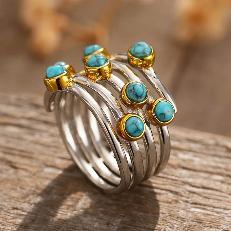 Huitan Bohemian Brass Ring with Imitation Turquoise, Two‑Tone Vintage - Image 3