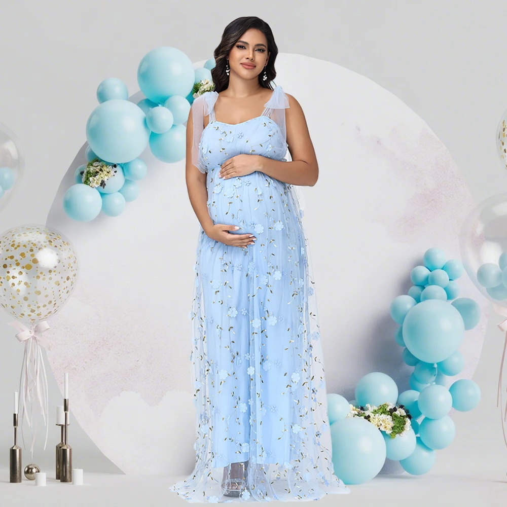 Maternity Photography Tulle Straps Evening Party Gowns Floral Embroidered Mesh Summer Long Dress for Baby Shower Photoshoot - Image 4