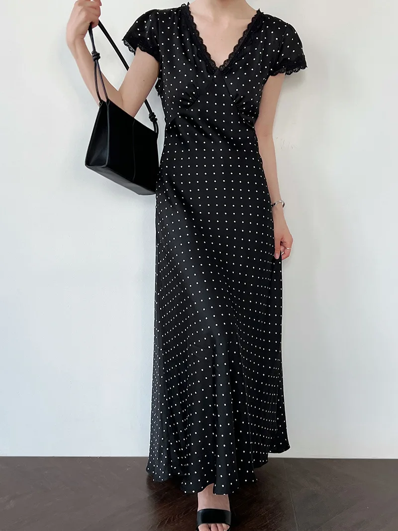 Women's Polka Dot Lace V-Neck Midi Dress - view 8