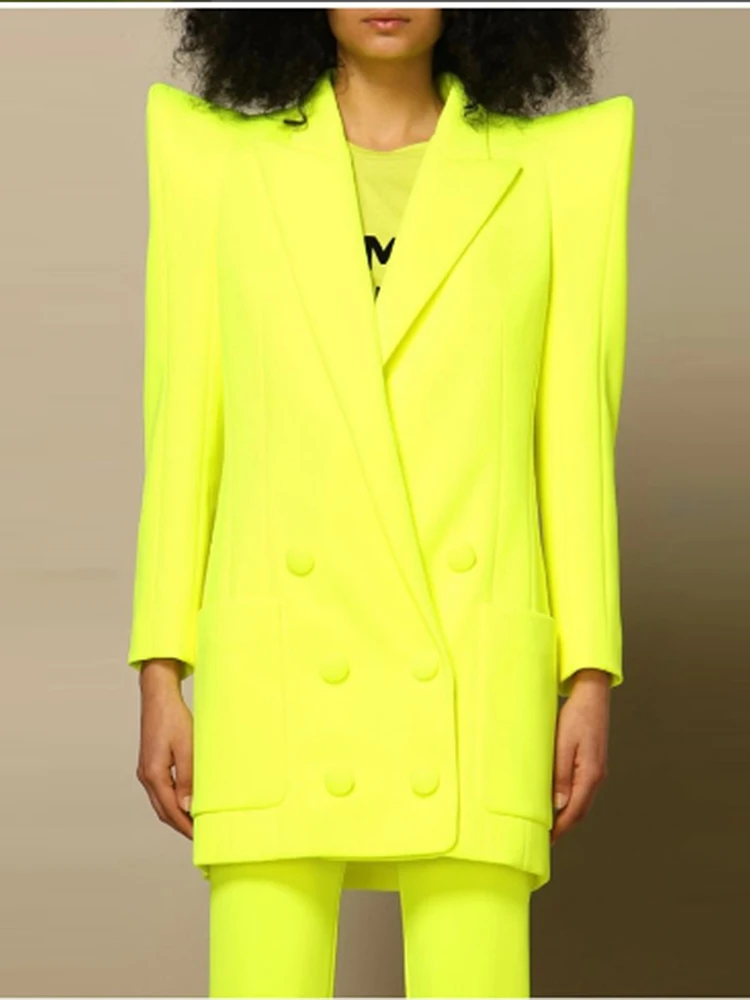 Women's Strong Shoulder Double-Breasted Long Blazer