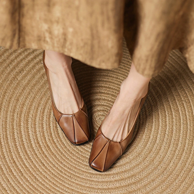 Women's Genuine Leather Square-Toe Pumps – 7 cm Heel, Pleated Detail - Image 2