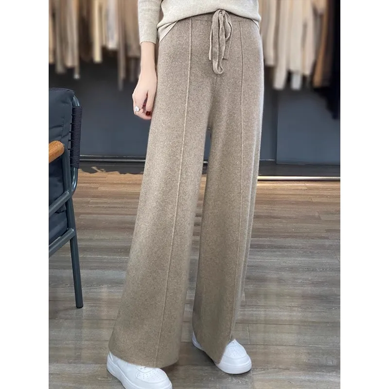 Thiened Wool Knitted Wide Leg Pants Women High Waist Draped Slim Version Floor-Length Outerwear Straight Leg Trousers - Image 11