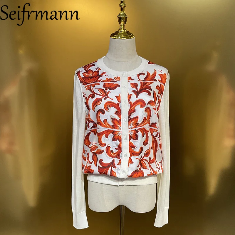 Seifrmann 2026 Summer Women's New Fashion Round Neck Long Sleeve Silk Splicing Wool Printed Cardigan+Tank Top Two Piece Set - Image 2