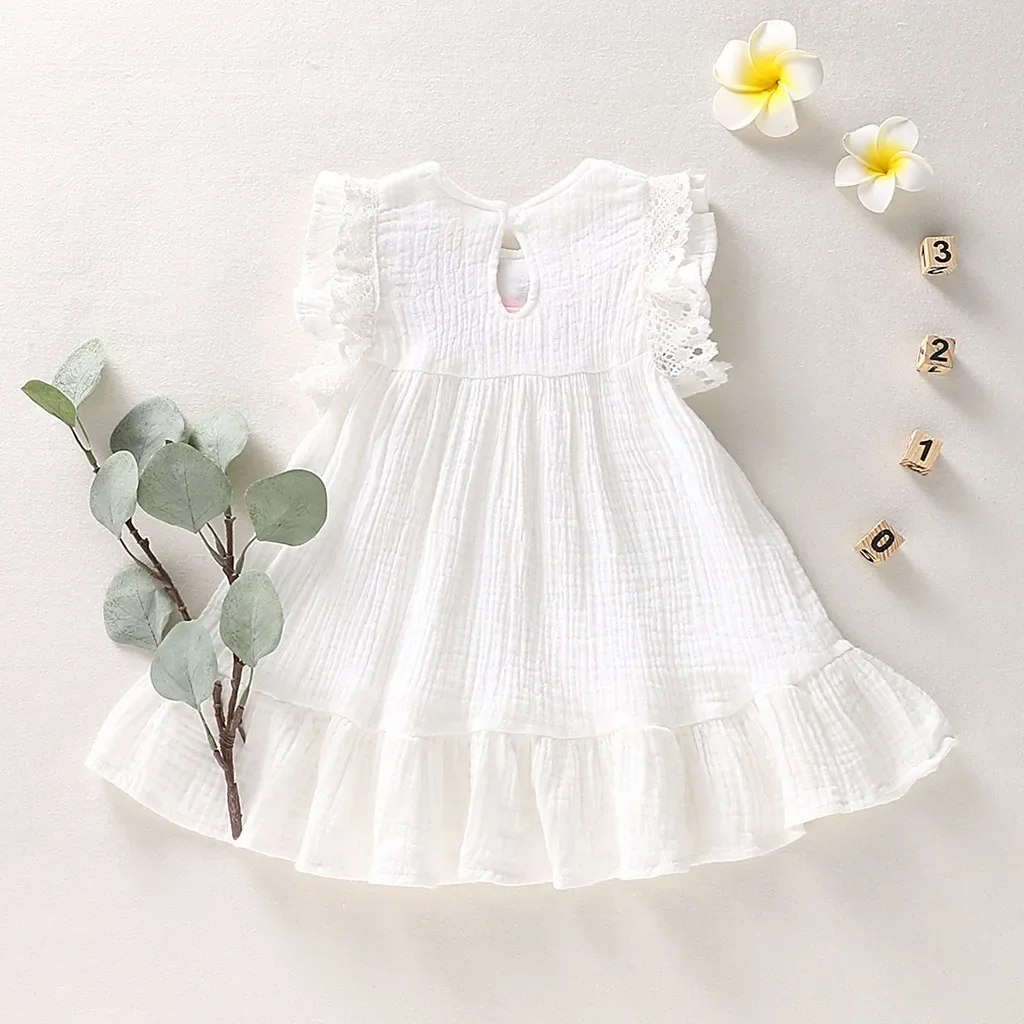 Cotton Linen Girls Dress with Pleated Short Sleeve - Image 6