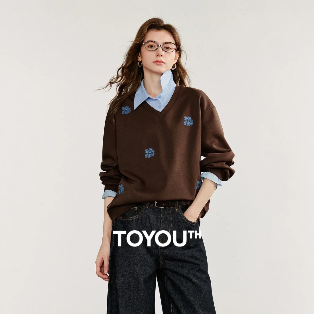 Women's Denim Embroidered Faux Two-Piece Sweatshirt