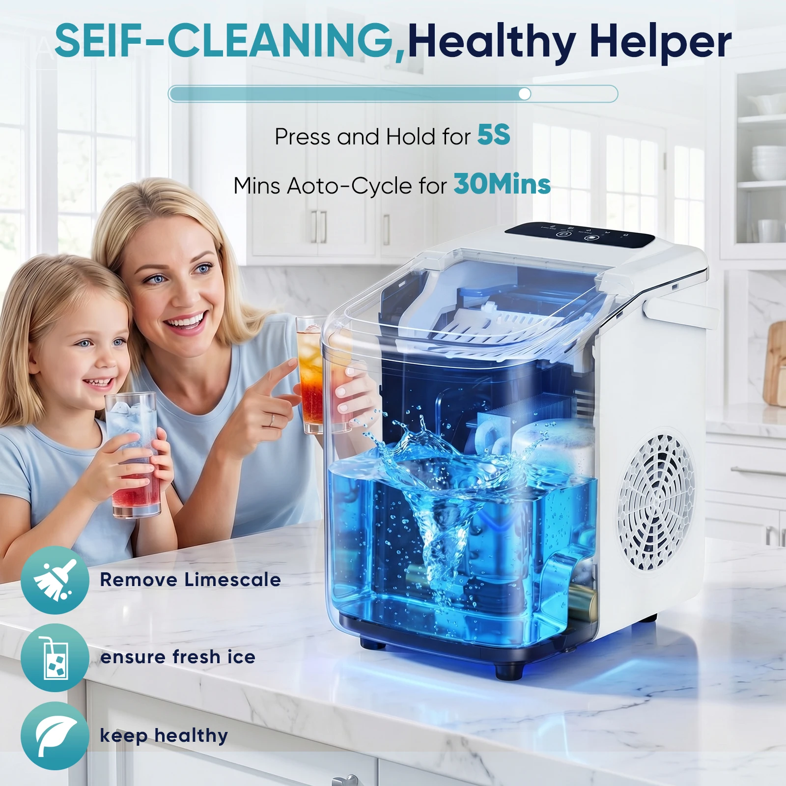 Countertop Ice Maker – 9 Bullet Cubes in 6 min, 26 lb/day, Handle - Image 6