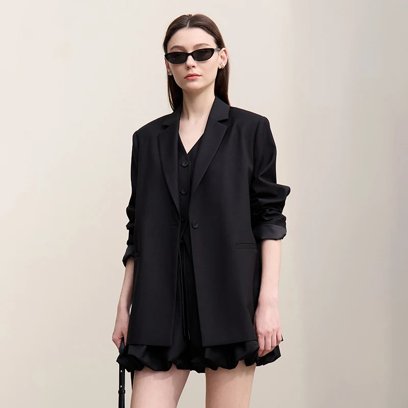 Amii Blazer Women 2026 Autumn New Notched Lapel Padded Shoulder Blazer Embroidery Loose Mid-Length Casual Jacket Women 12641056 - Image 5