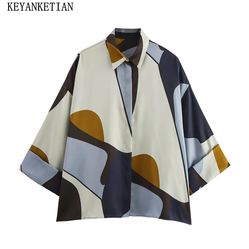 KEYANKETIAN 2025 Spring New Women Color Matching Print Shirt Cropped Top Leisure style Cuffed flared sleeve Loose Satin Blouses