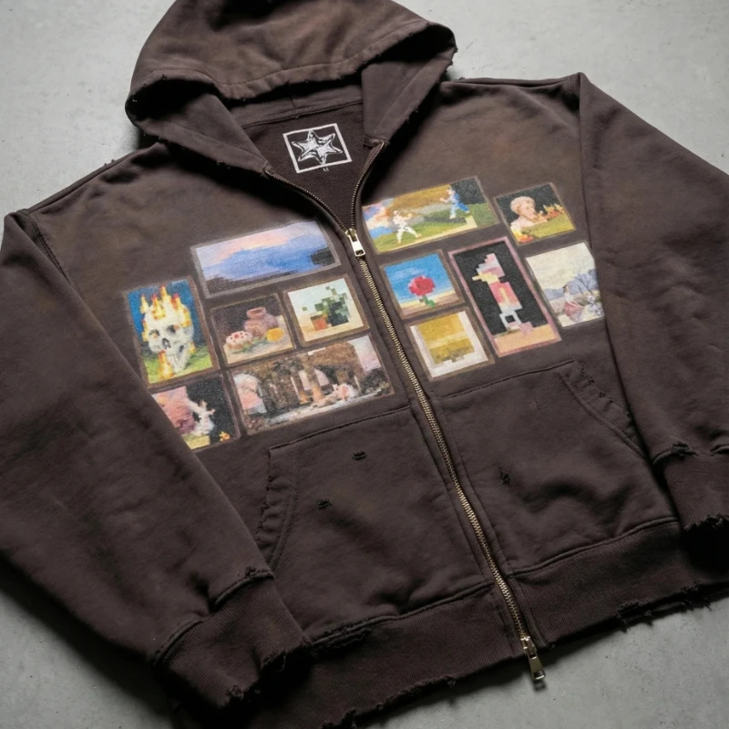 Y2K Retro Gallery Cotton Hoodie with Pixel Art Pattern - Image 7