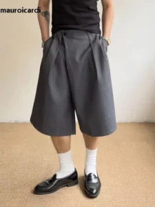 Grey Pleated Wide Leg Shorts for Men