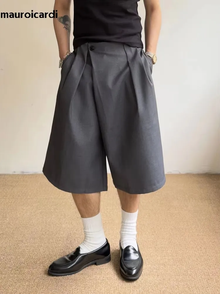 Grey Pleated Wide Leg Shorts for Men