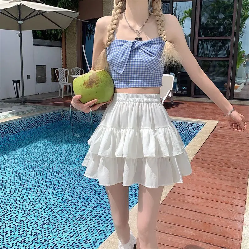 Pleated A-line Skirt White Women Ruffles Sweet Hottie Preppy Style Elastic Elastic Waist Slim Thin SimpleCasual Summer Wholesale - Image 2