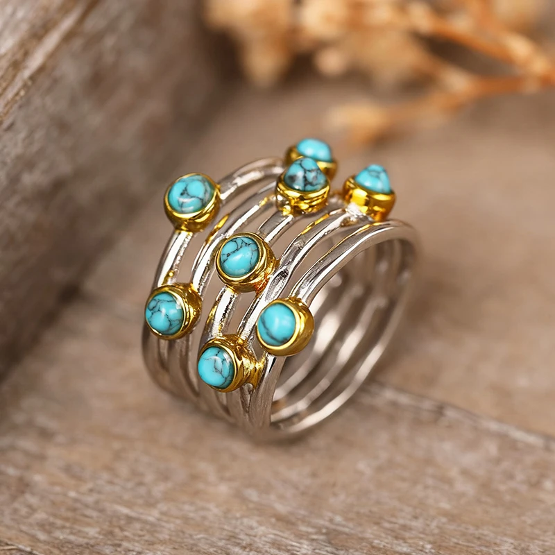 Huitan Bohemian Brass Ring with Imitation Turquoise, Two‑Tone Vintage - Image 5