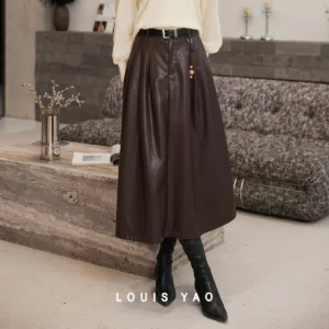 LOUIS YAO Retro Faux Leather Midi Skirt  2026 Autumn & Winter Vintage Style Faux Leather Mid-Length Skirt for Women
