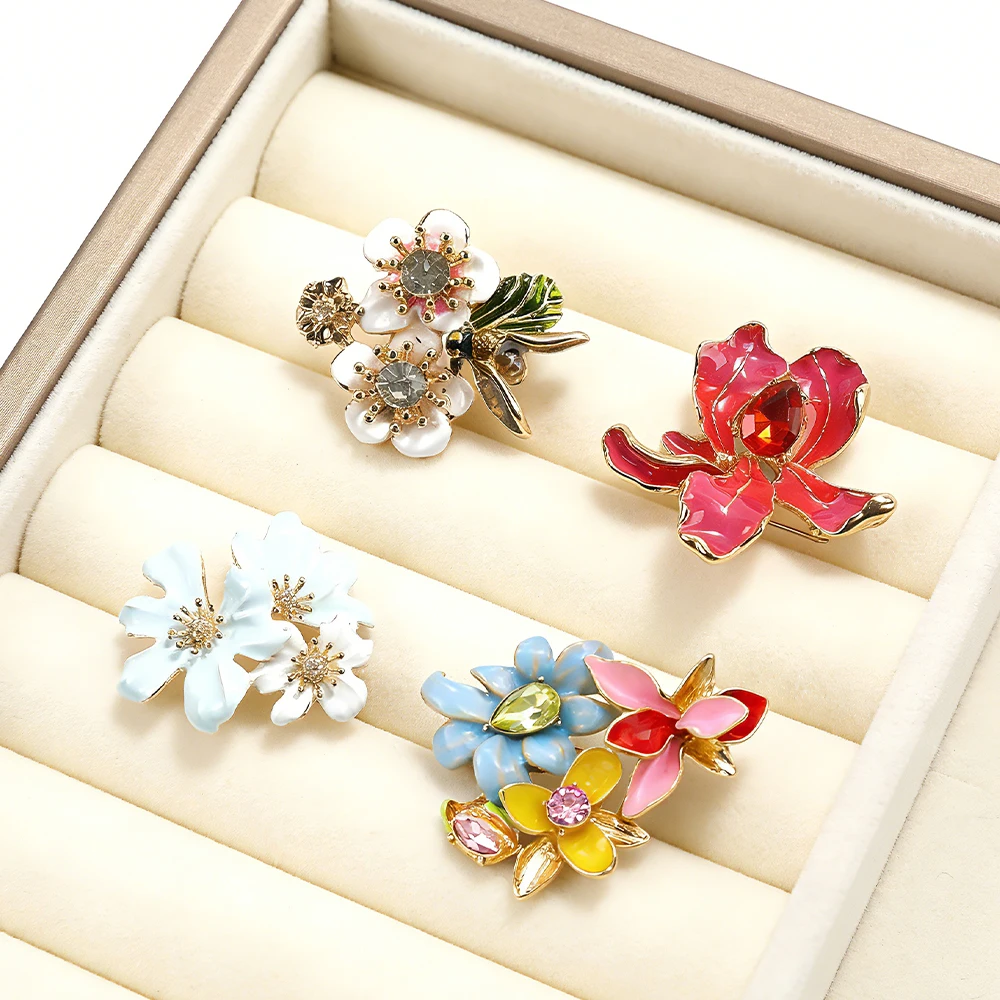 4-Piece Vintage Floral Brooch Set – Hand‑Painted Enamel & Crystal Accents - Image 2