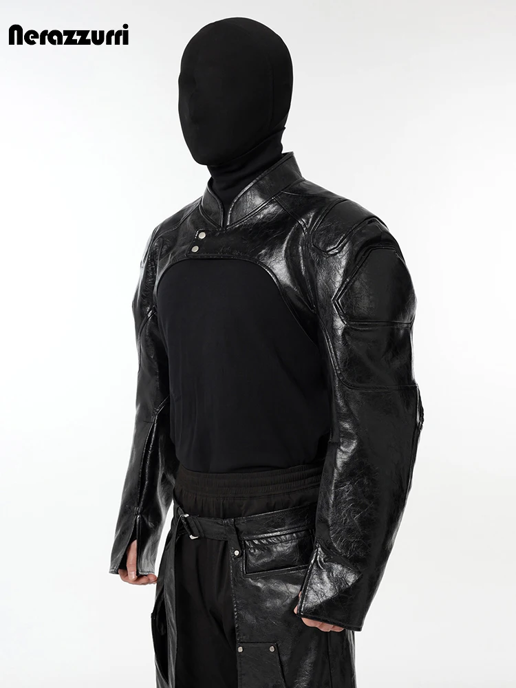 Men's Faux Leather Short Jacket with Shoulder Pads - Image 3
