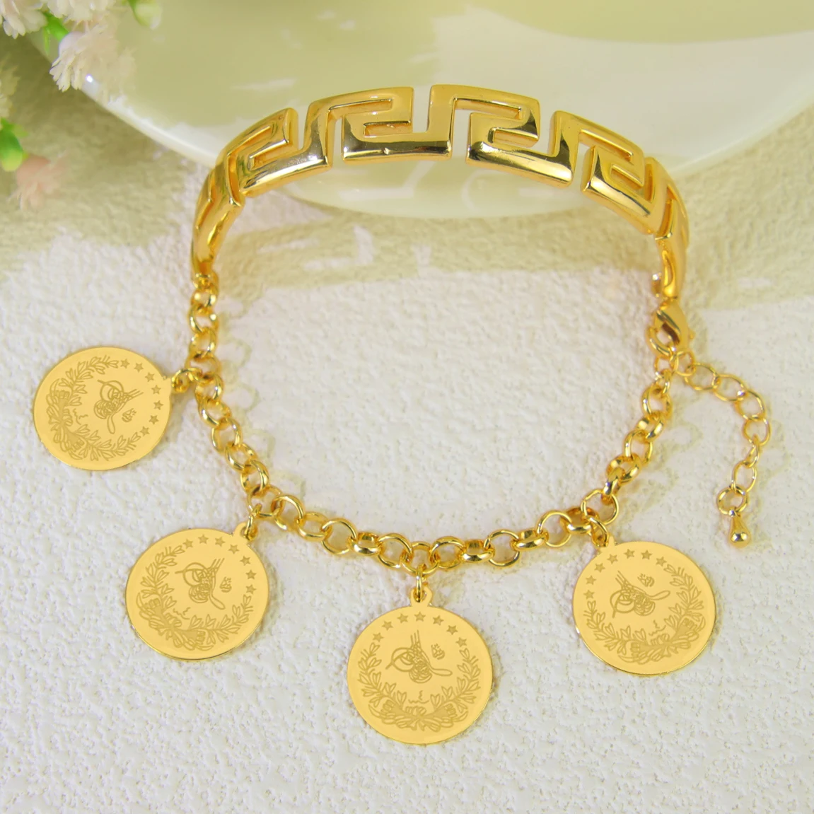 21k Gold-Plated Arabic Coin Charm Bracelet for Women – Dubai Bangles - Image 8