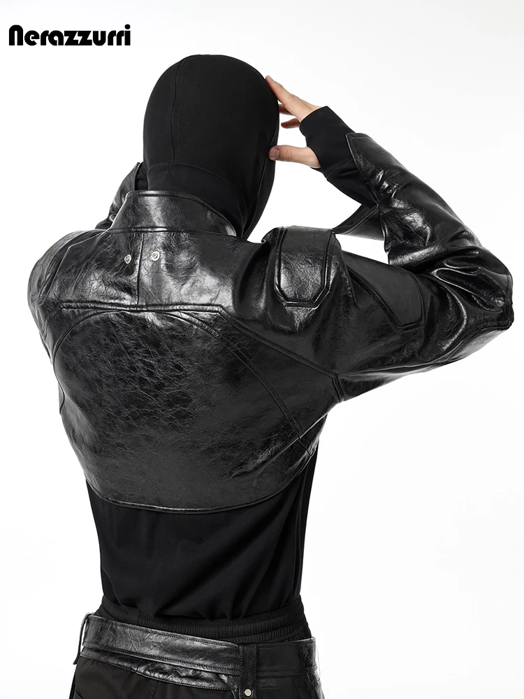 Men's Faux Leather Short Jacket with Shoulder Pads - Image 6