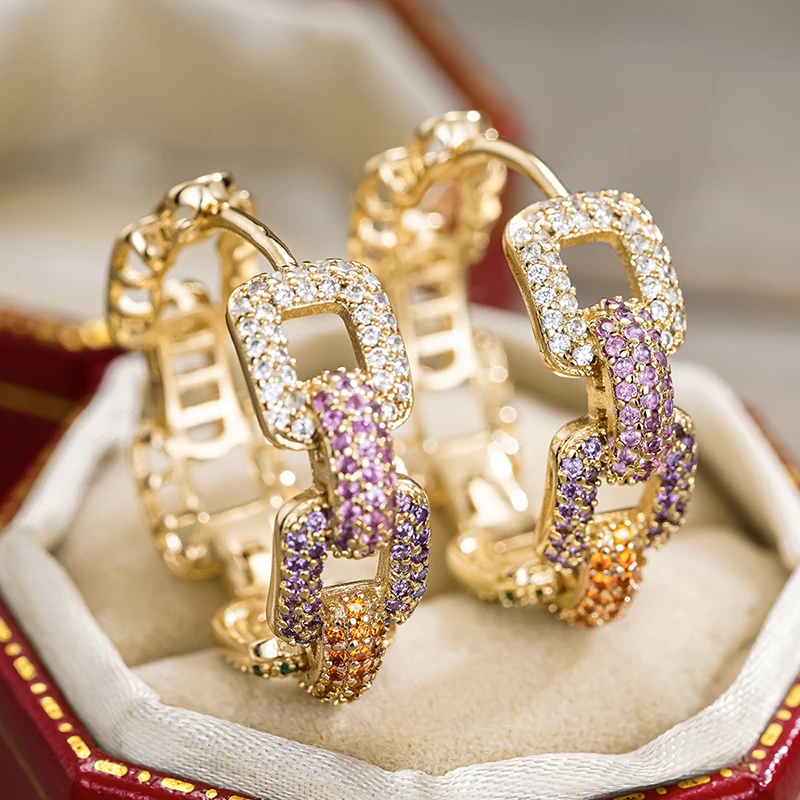 Huitan Gold‑Colored Brass Hoop Earrings with Cubic Zirconia