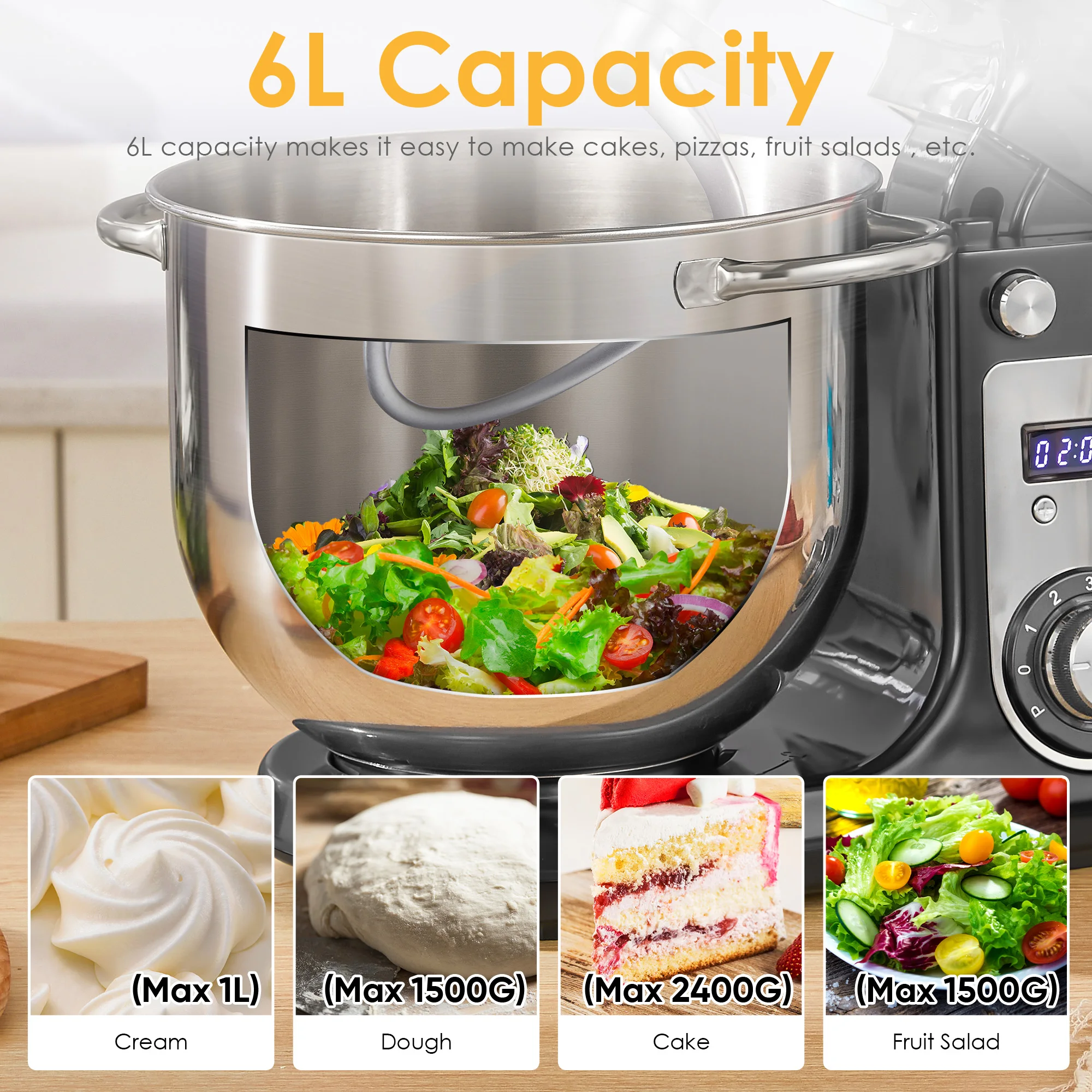 BioloMix 6L Stand Mixer, 1200W DC Motor, 6‑Speed, Stainless Bowl - Image 5