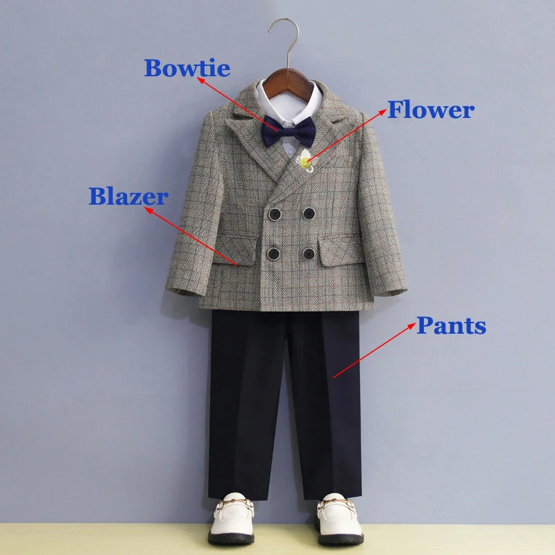 Children Formal Plaid Suit Set Boys Wedding Birthday Party Performance Photography Costume Kids Blazer Pants Bowtie Clothes - Image 7