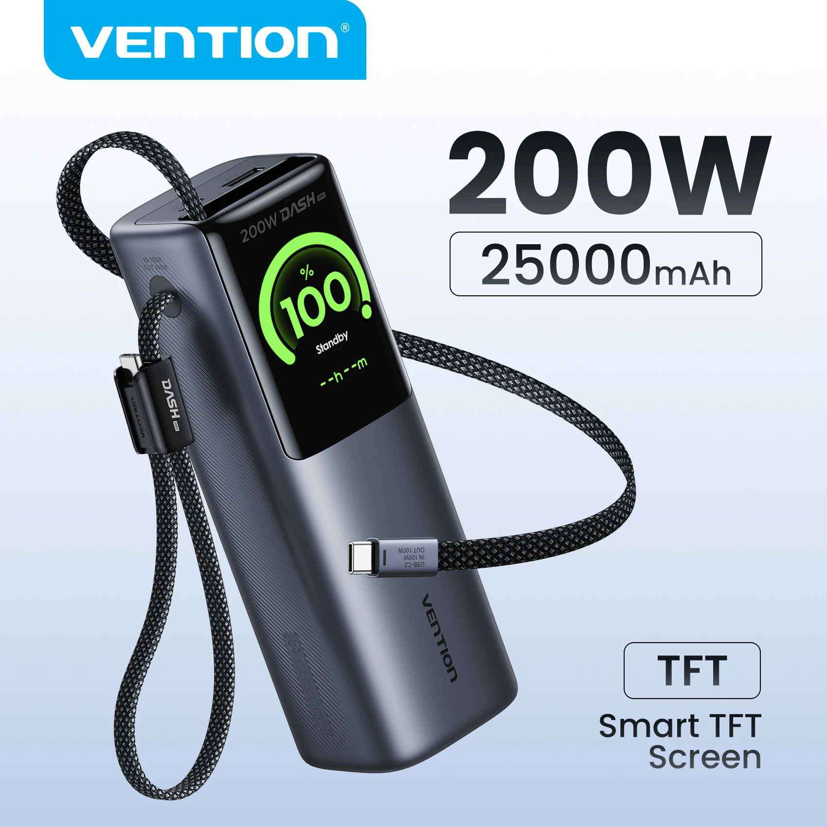 Vention 200W 25000mAh Power Bank with Extendable USB‑C Cable & Display