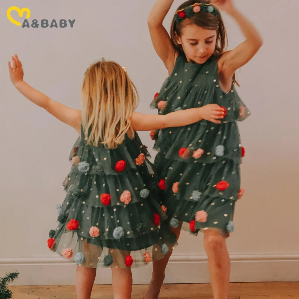 Girls Cotton Christmas Dress with Star Print and Tulle