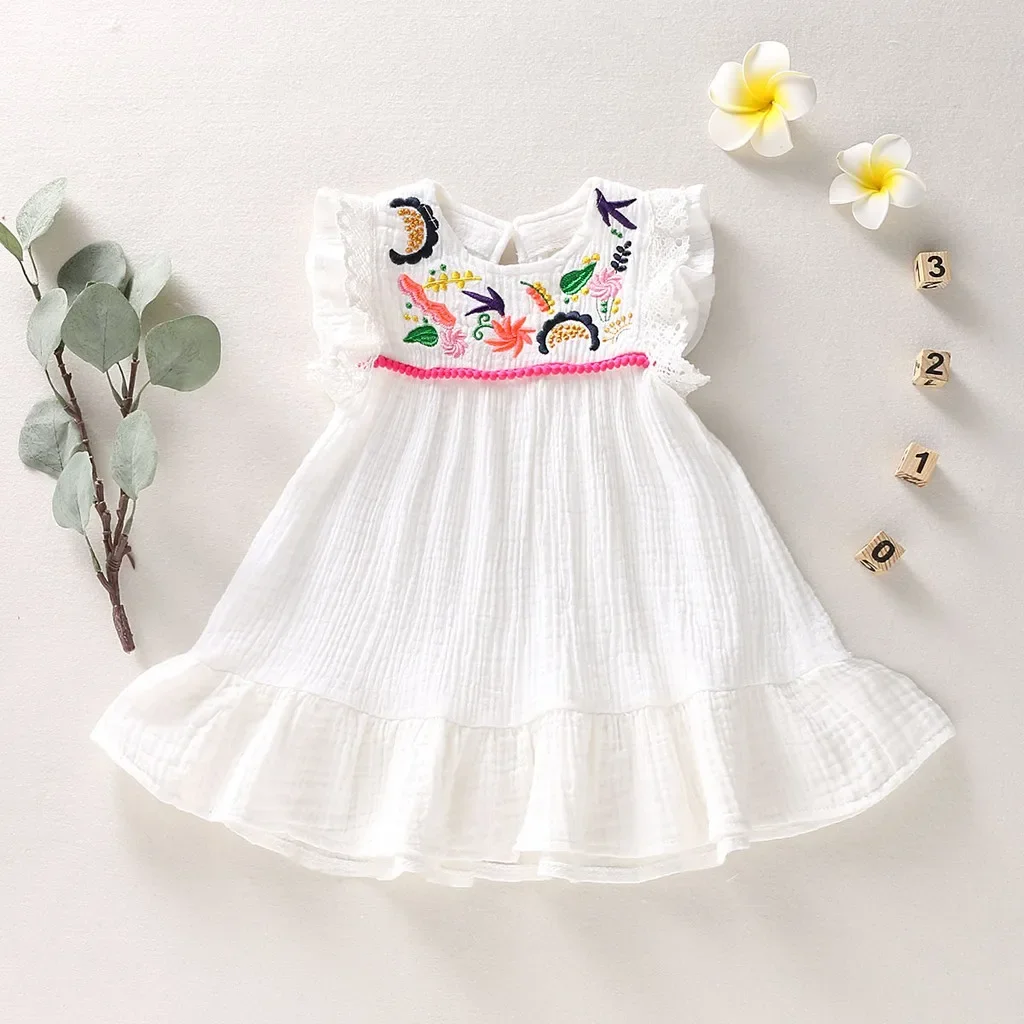 Cotton Linen Girls Dress with Pleated Short Sleeve