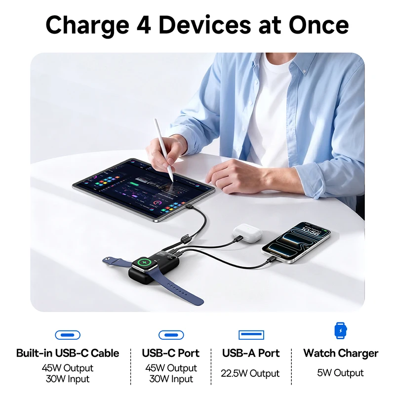 Baseus 10000mAh Power Bank 45W USB‑C with Magnetic Apple Watch Charger - Image 4