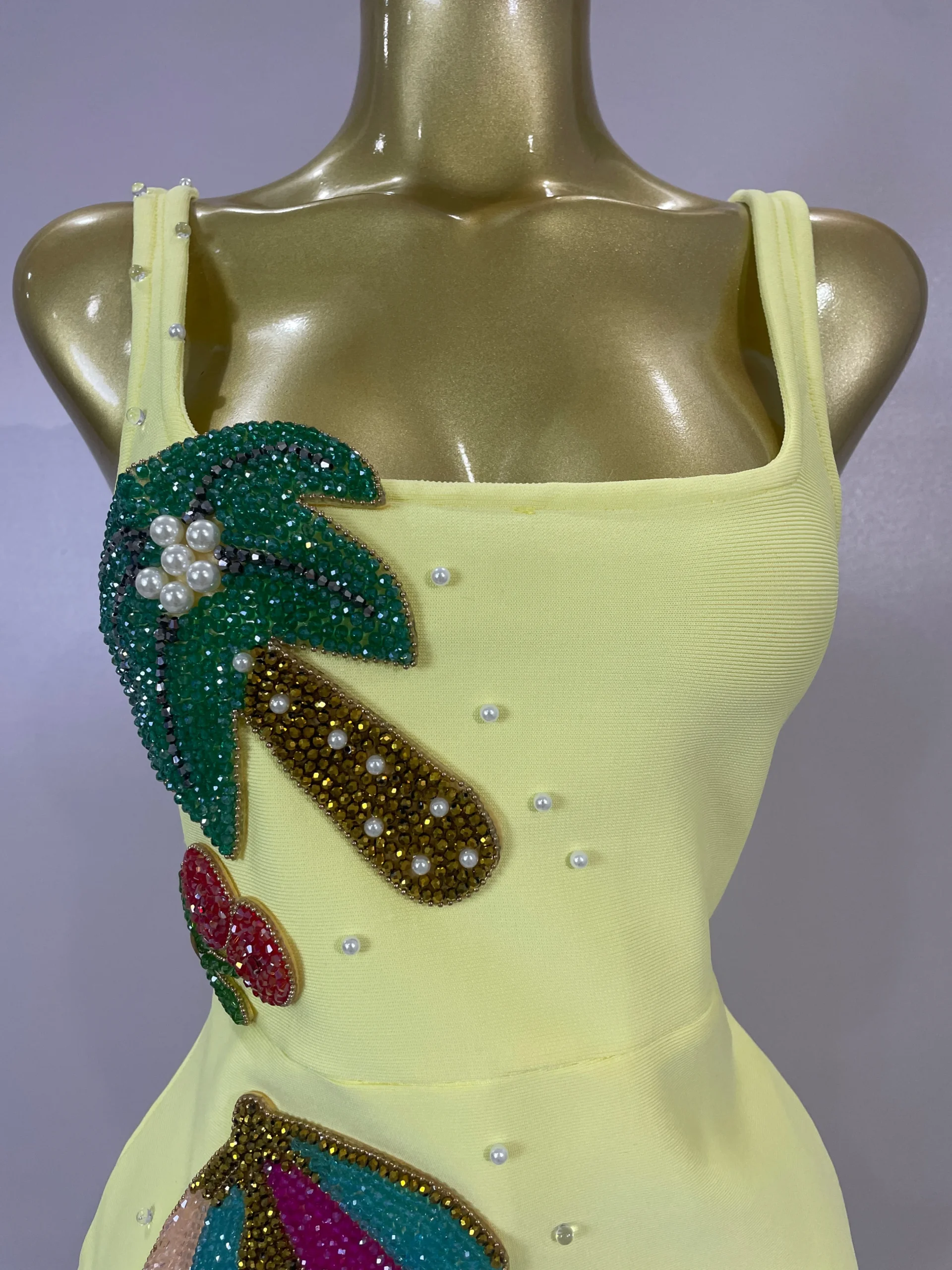 Women Sexy Square Neck Sleeveless Bodycon Bandage Mini Dress Luxury Beaded Tropical Fruit Eveing Party Vacation NightClub Outfit - Image 5