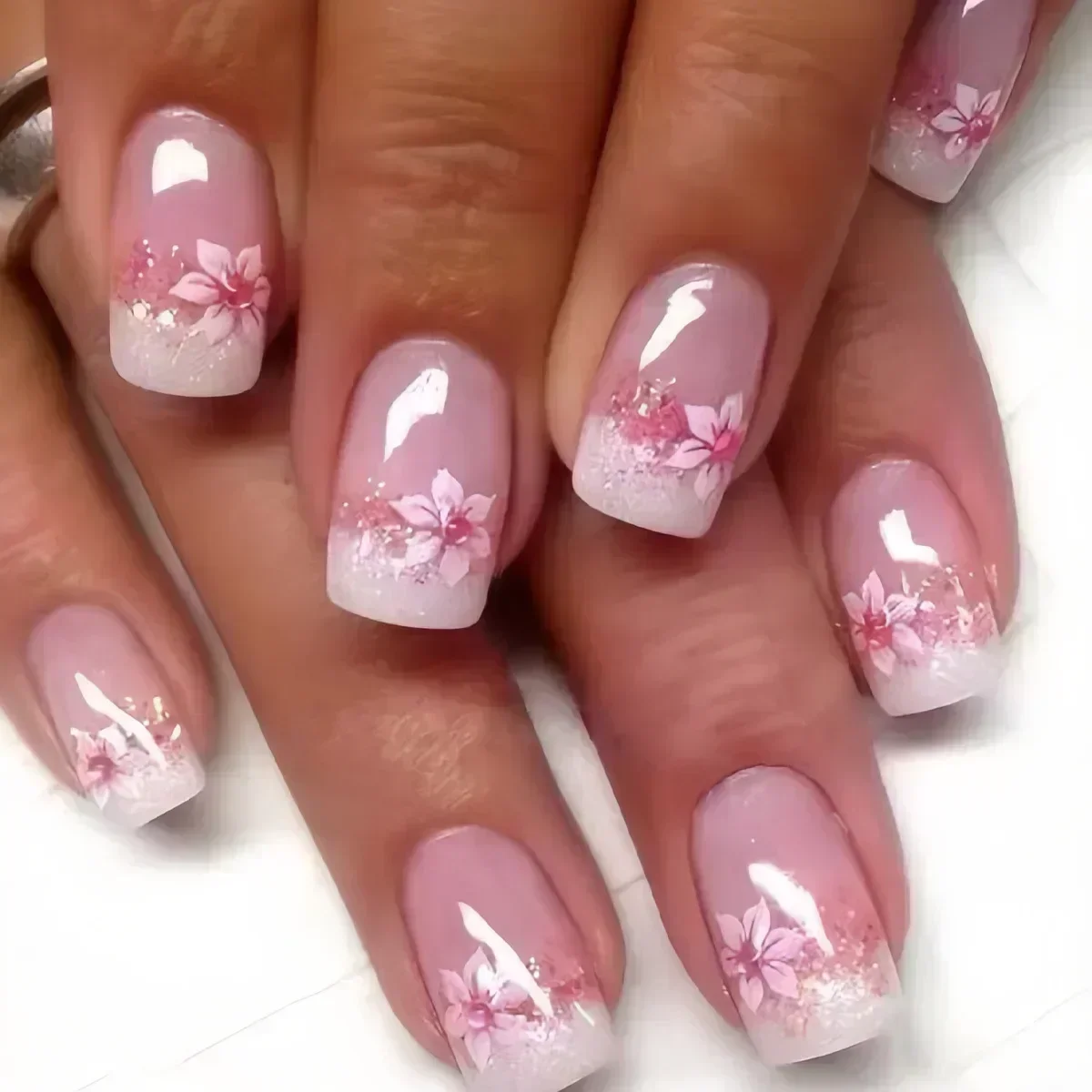 Pink Floral French Press-On Nails